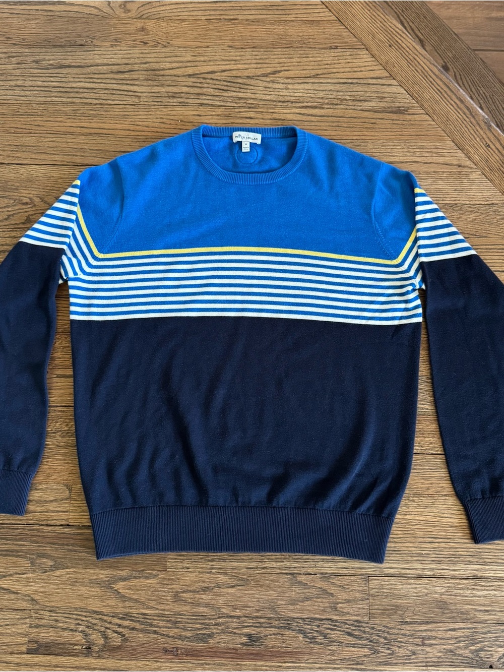 Peter Millar Bright Blue, Navy & White Striped Crewneck Sweater with Yellow Trim